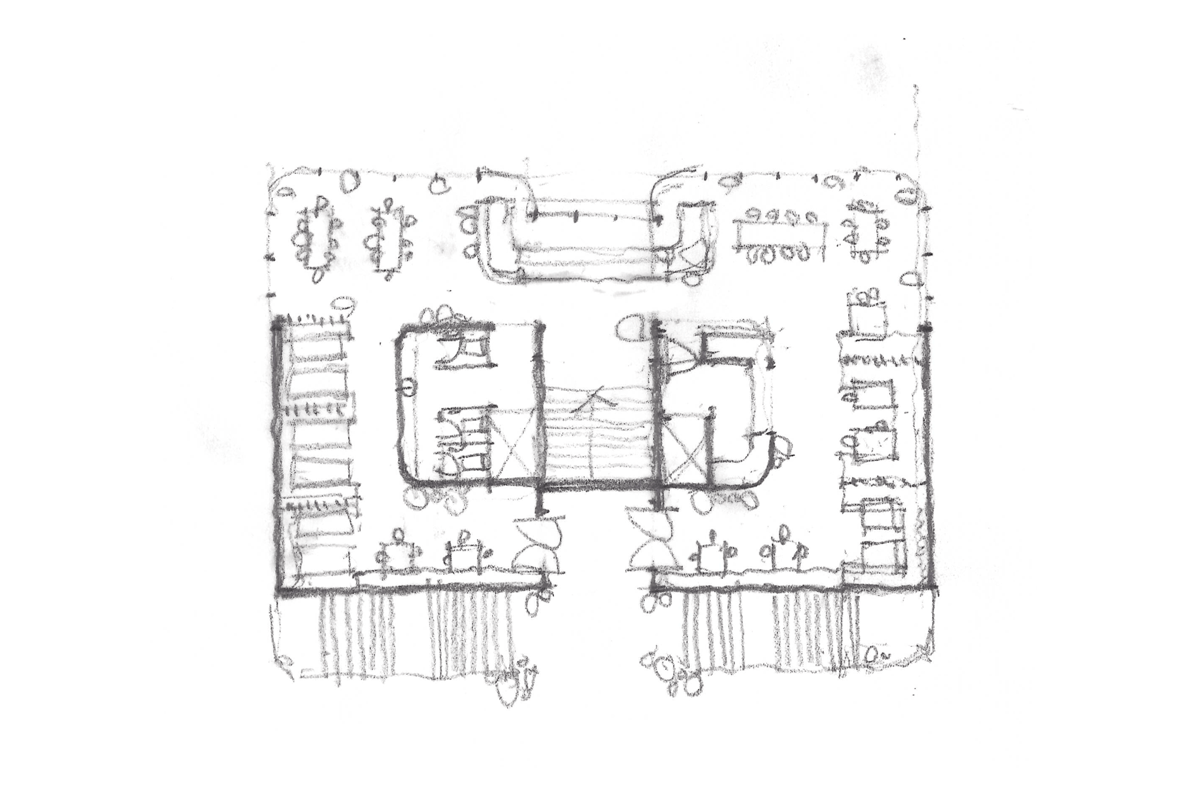 Hand-drawn floor plan sketch showing room layouts, furniture arrangements, and doorways.