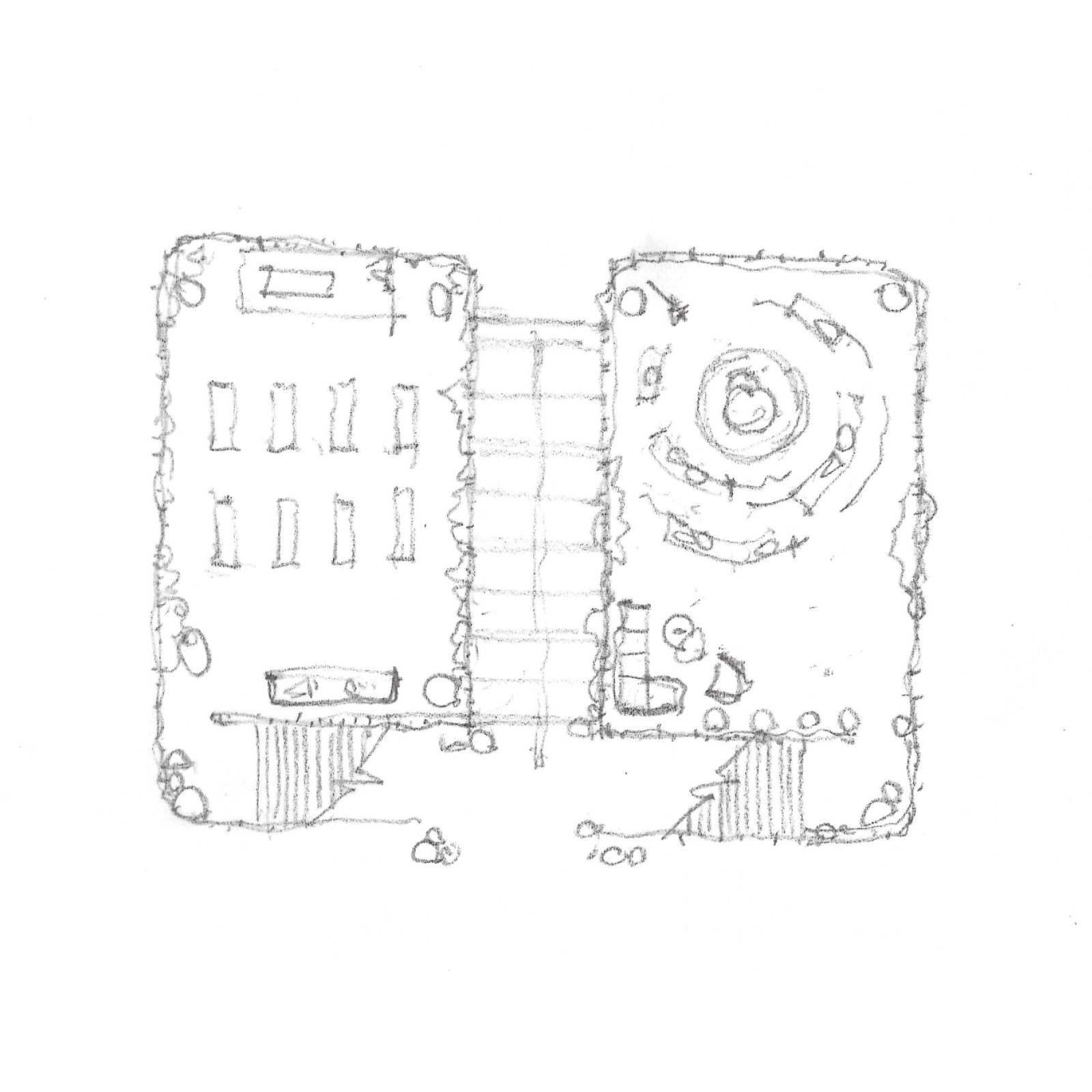 Rough pencil sketch of two adjacent buildings connected by a walkway with staircases and scattered details.