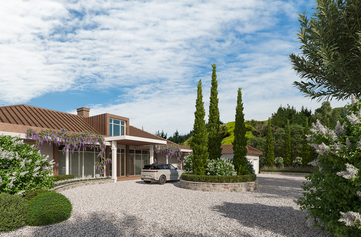 Modern house with gravel driveway, tall cypress trees, purple flowers, and a parked white SUV.