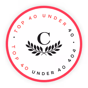 Round logo with letter C and laurel branches, text reads Top 40 Under 40 around the edge.