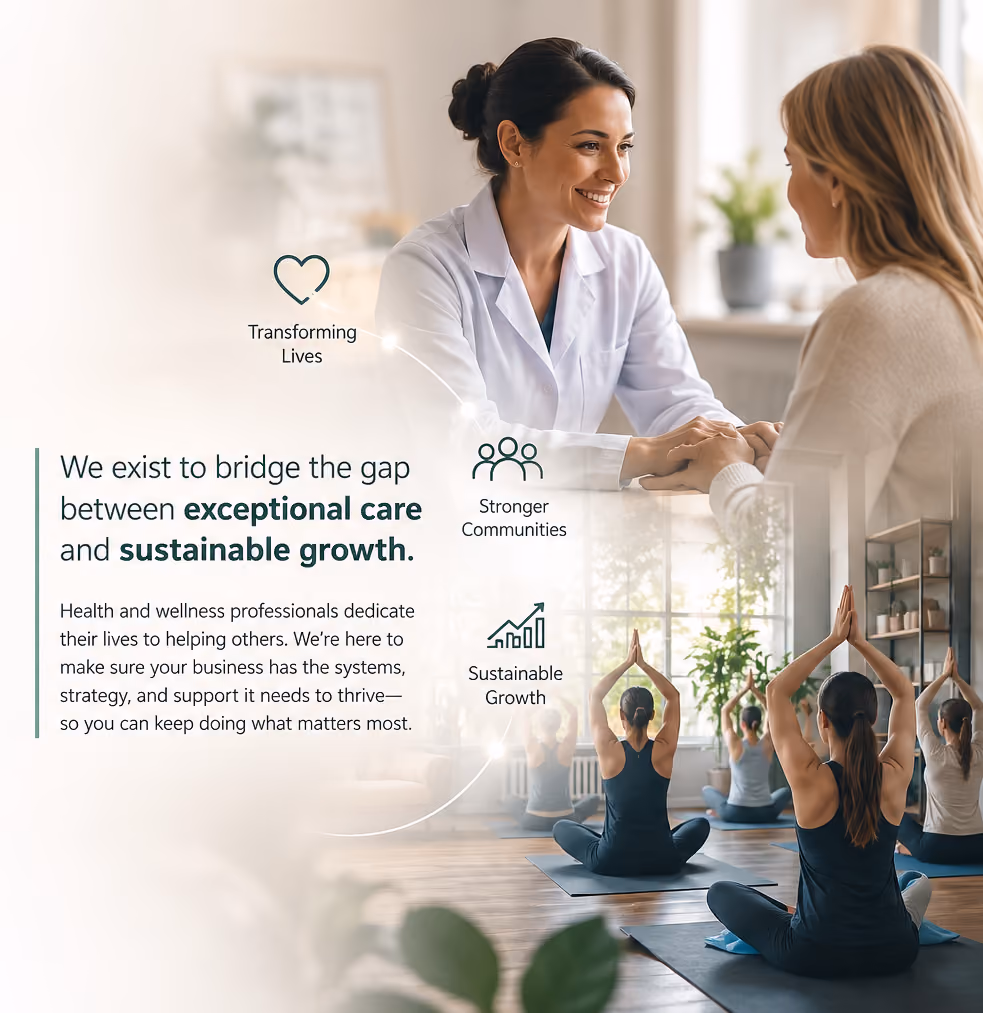 A healthcare provider smiling and holding a patient’s hands, with wellness yoga class and text on exceptional care.