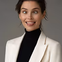Smiling woman with dark hair wearing a white blazer and black turtleneck sweater against a plain gray background.