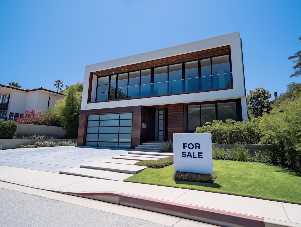Modern two-story house with large windows and a 'For Sale' sign on the lawn under clear blue sky.