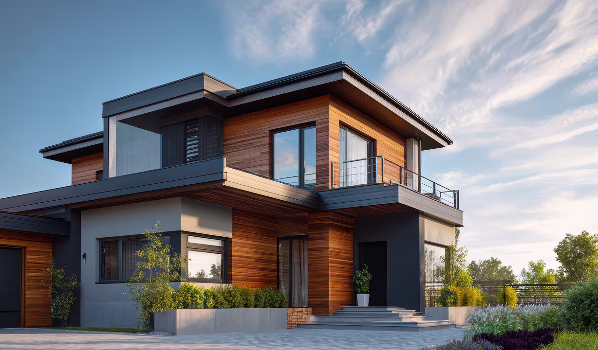 Modern two-story house with wood and dark exterior, large windows, balcony, and landscaped garden.