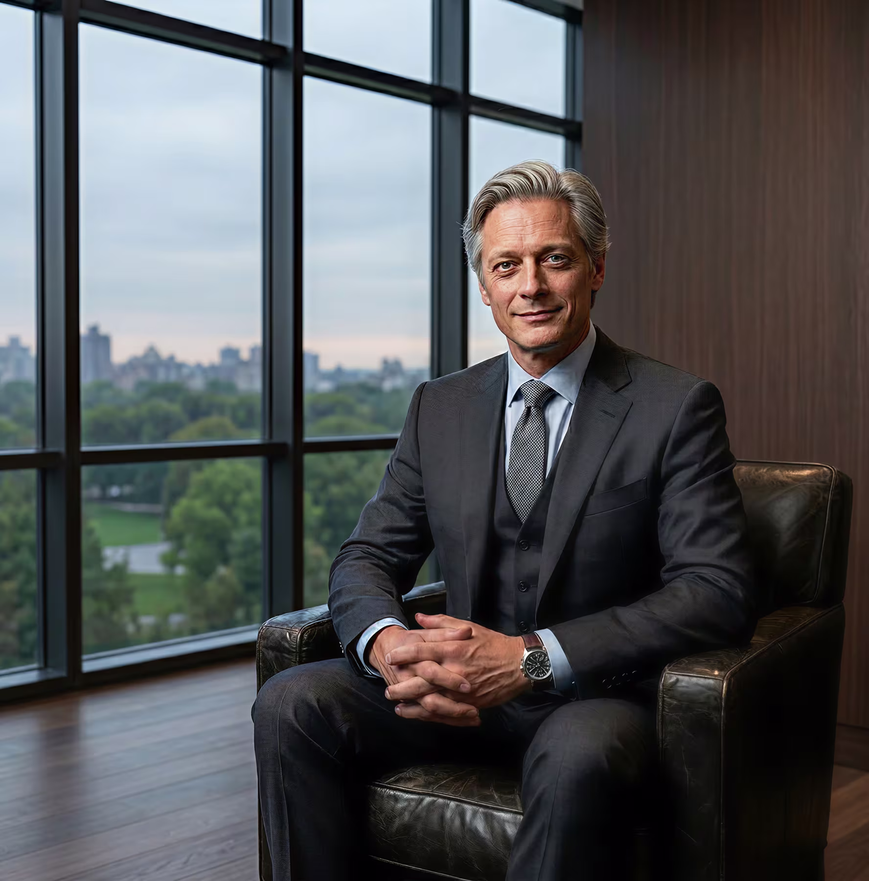Confident mature businessman in dark suit sitting on leather chair by large window with city view.