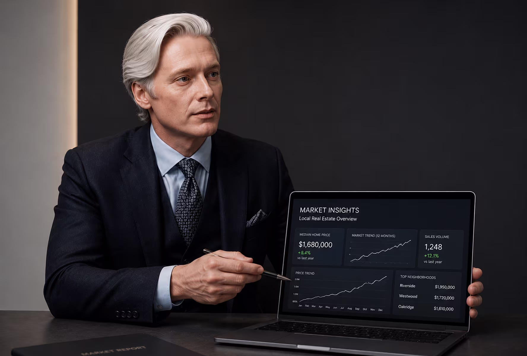 Man in dark suit at desk holding pen with city skyline through large office windows behind him.
