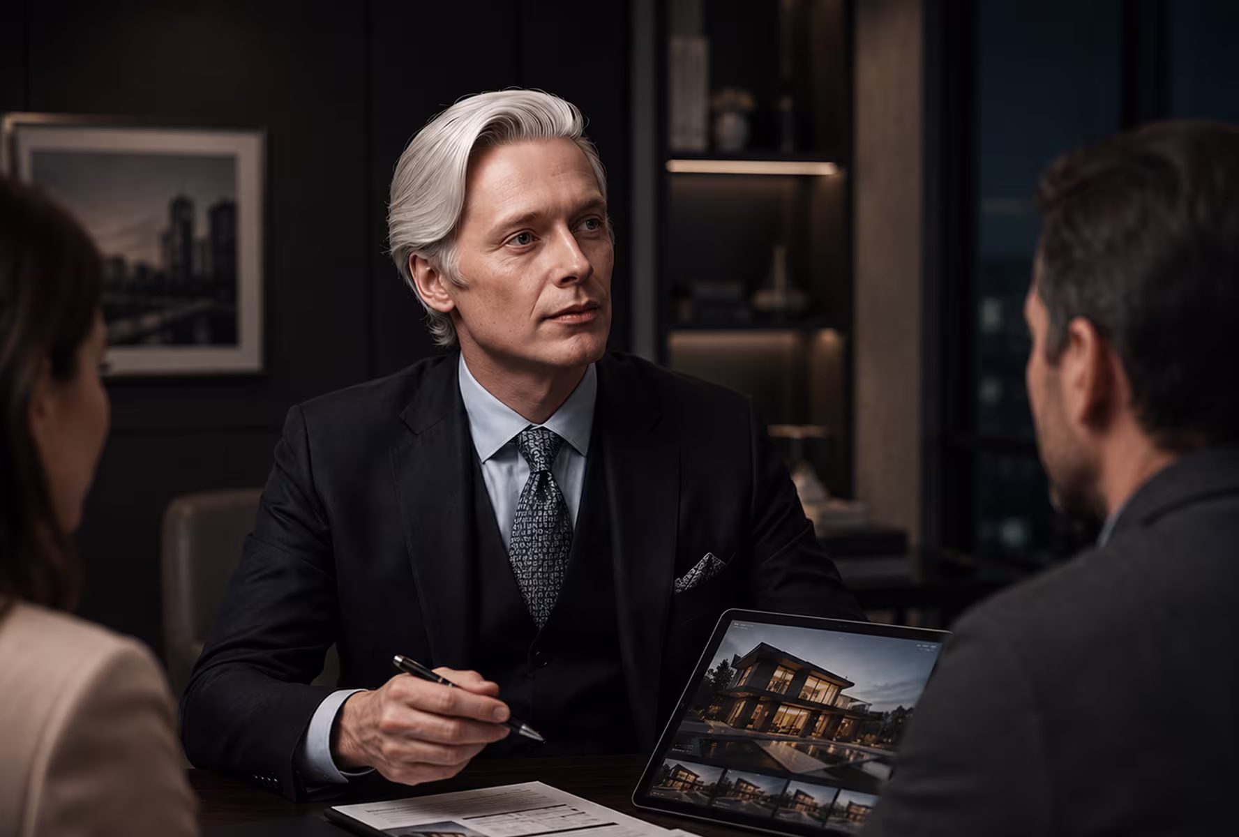 Professional man in a suit holding an open folder with architectural plans inside.
