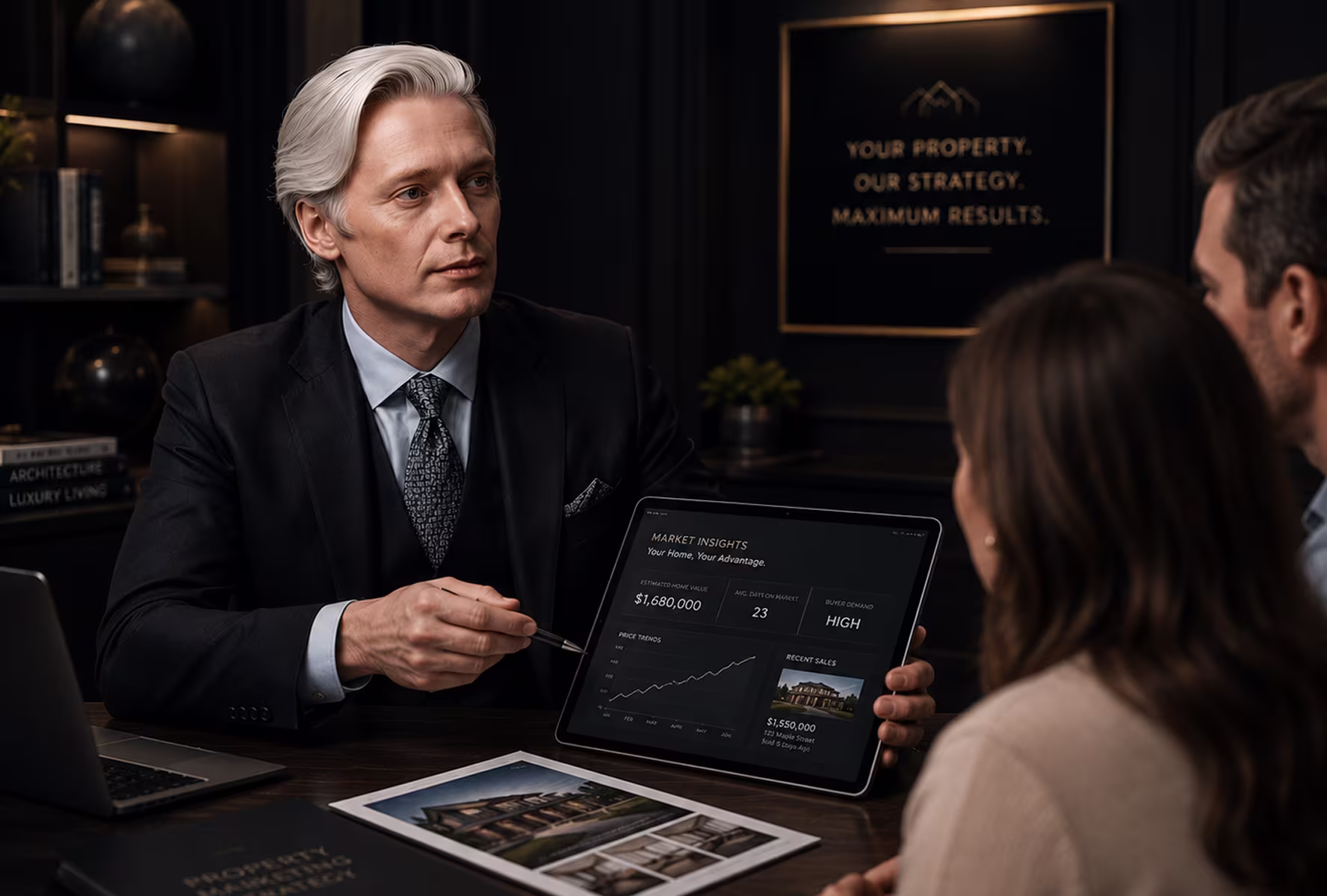 Smiling man in a suit holding a framed real estate agent license inside a modern office lobby.
