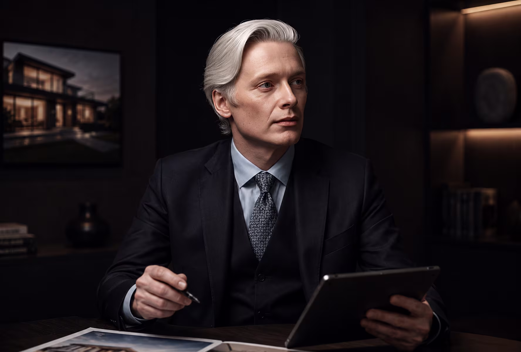 Man in a suit holding a real estate agent license in an office with cityscape view at dusk.