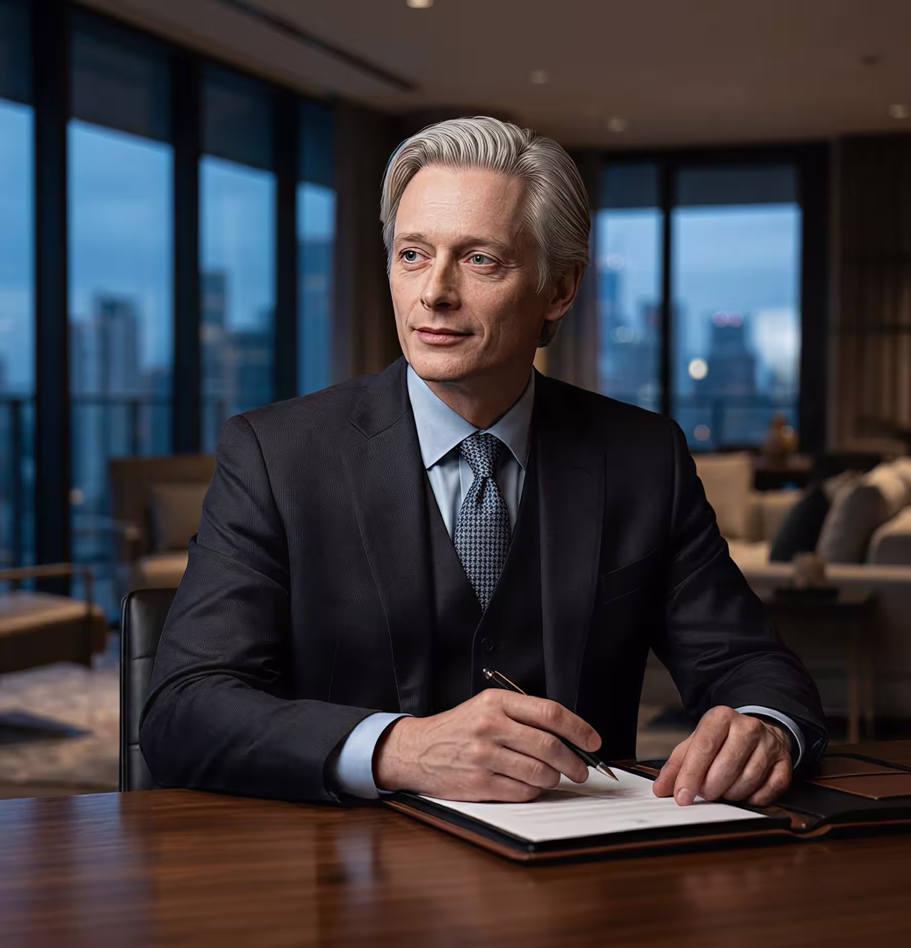 Mature man in dark suit sitting at a desk holding a pen with a city view through large windows.