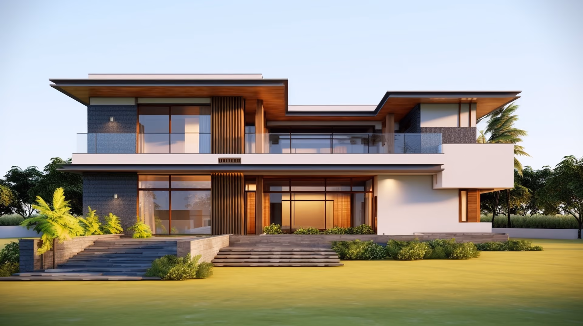 Modern two-story house with large windows, balcony, patio furniture, and landscaped yard.