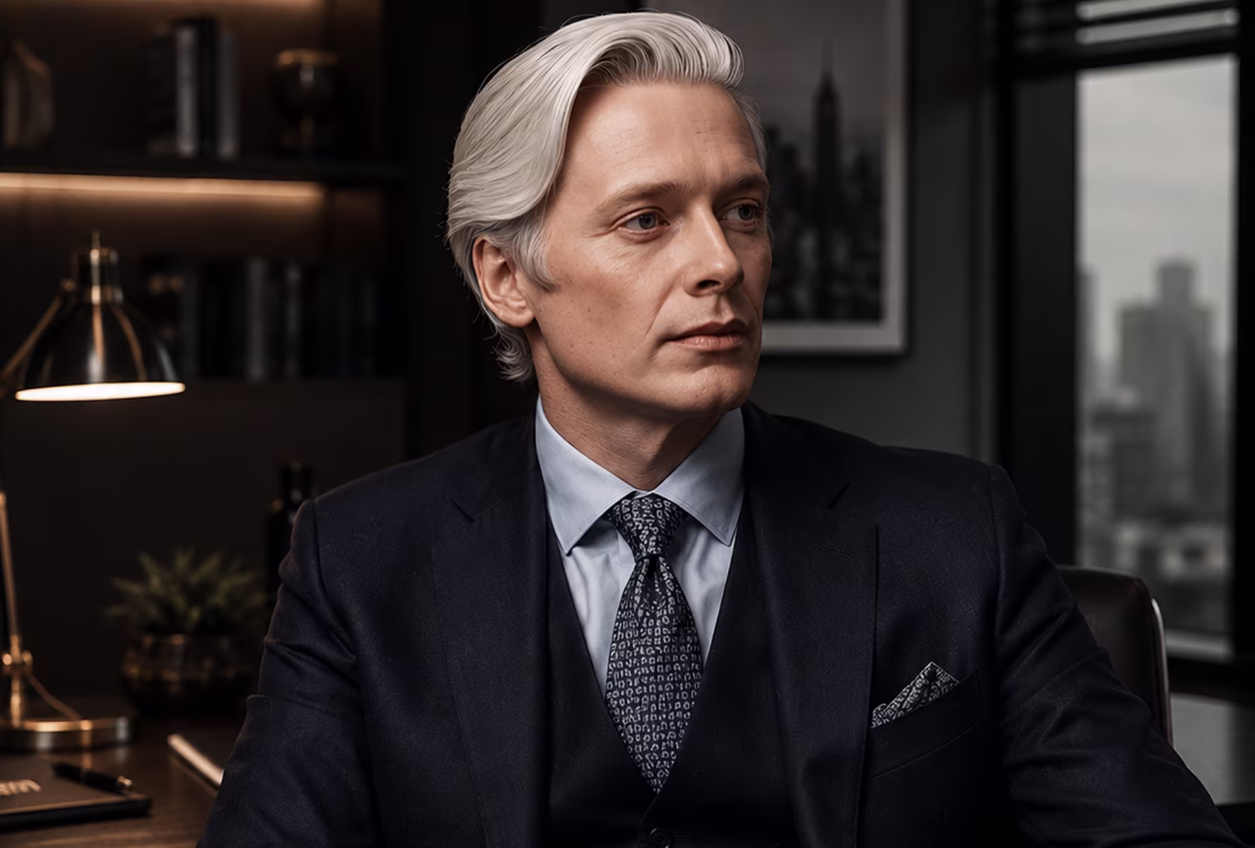 Man with white hair wearing a navy suit and patterned tie sitting in a modern office.