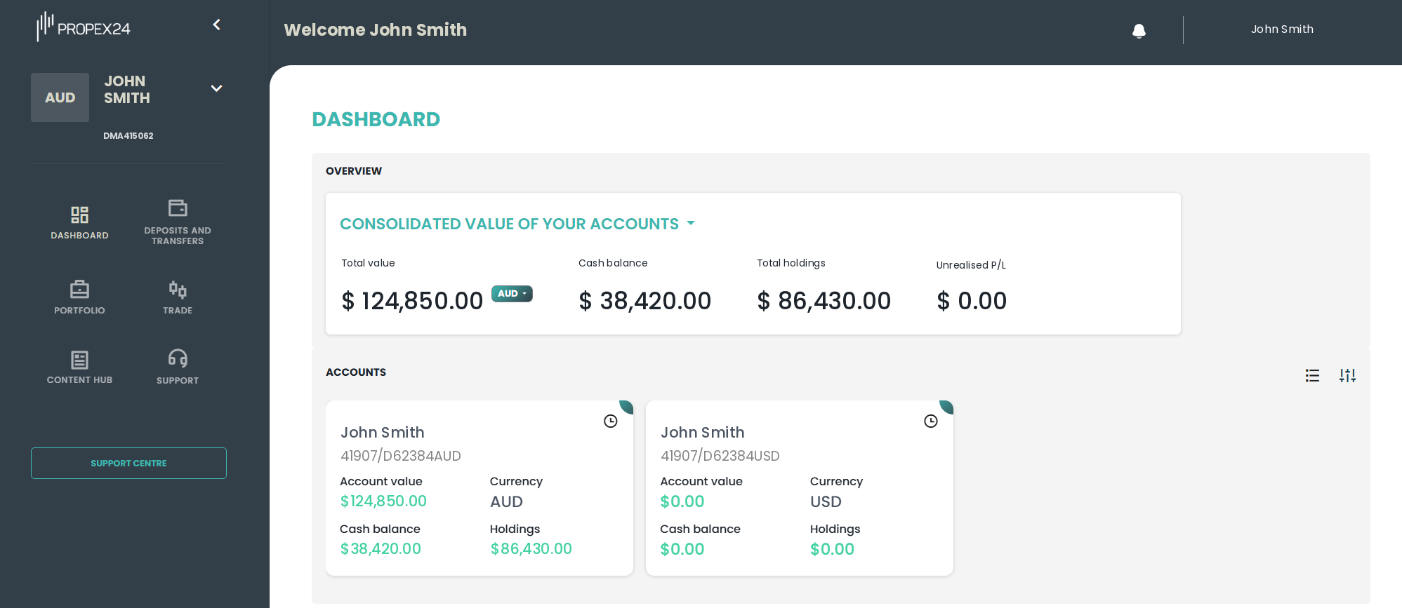 The Propex24 Core dashboard showing consolidated account value, cash balance, holdings and individual currency accounts