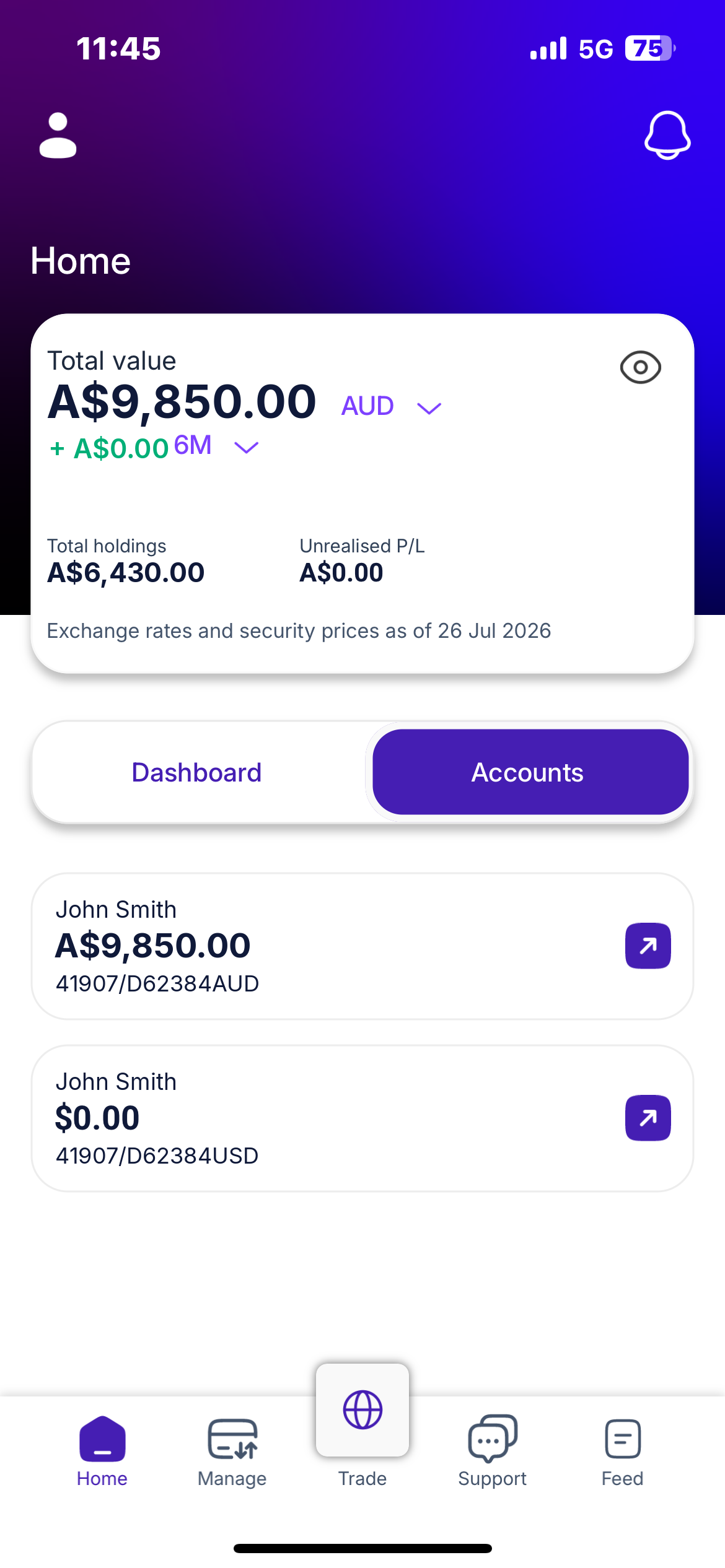The Propex24 Totality App home screen on a phone, showing total account value, holdings and linked currency accounts