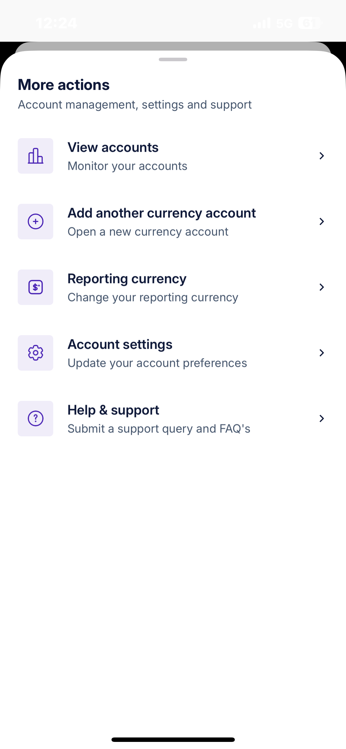 The Propex24 Totality App account menu showing view accounts, currency accounts, settings and support options