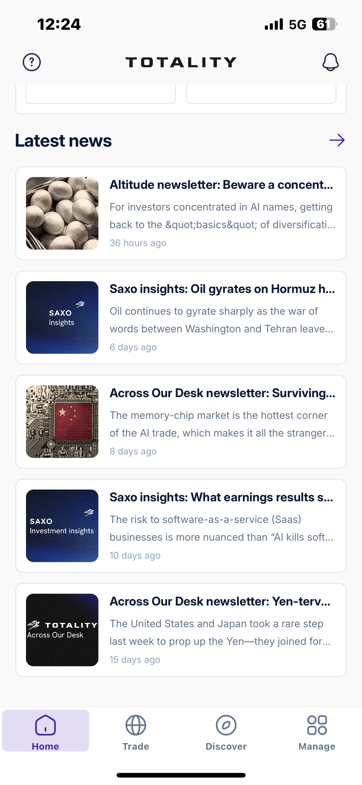 The Propex24 Totality App latest news feed showing market news and research articles on a phone