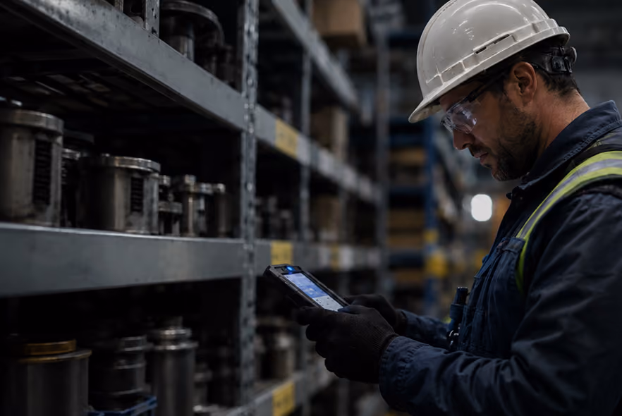Warehouse worker verifying inventory with a handheld device.