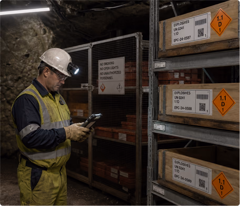 Mine worker inspecting explosive inventory.