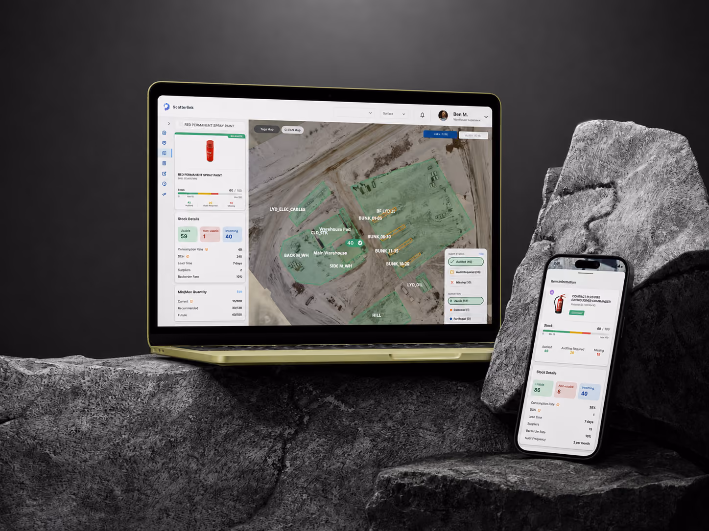 Scatterlink inventory management platform on desktop and mobile.