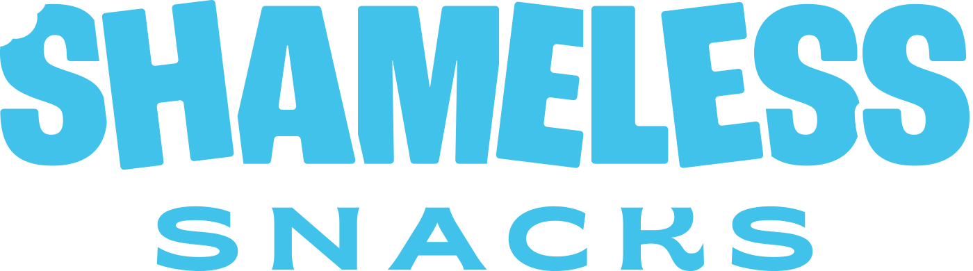 Brand name Shameless Snacks in large blue stylized uppercase letters on black background.