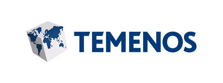 Temenos logo with a cube showing a blue stylized world map on the left.