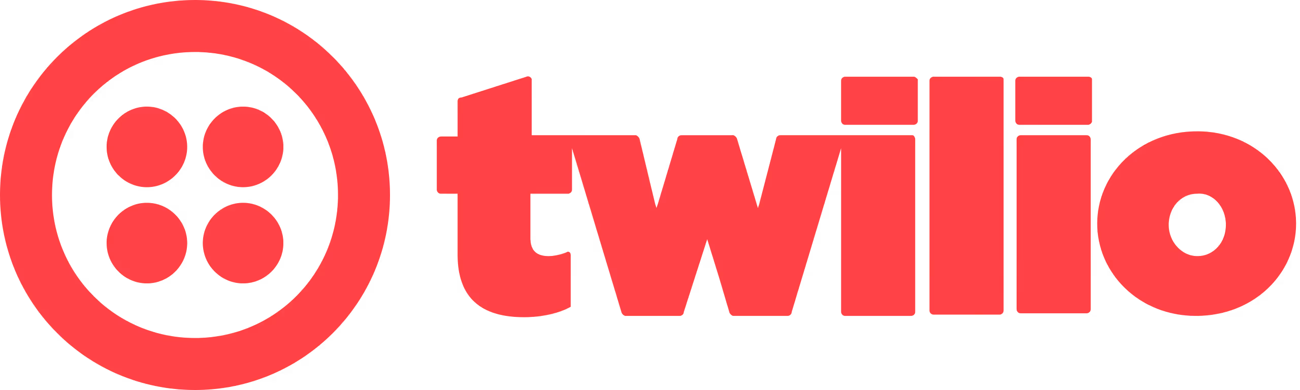 Twilio logo featuring a red circle with four smaller circles inside and the word 'twilio' in bold red text.