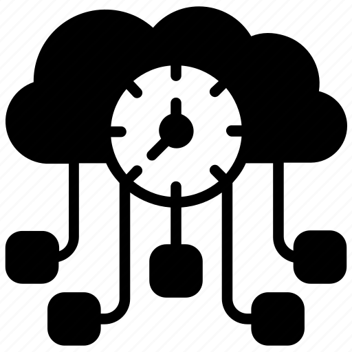 Cloud with clock symbol connected to four nodes representing network or cloud computing concept.