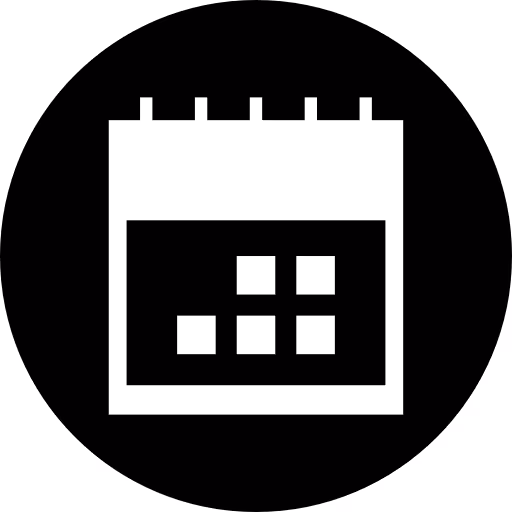 Black and white calendar icon with page curl in a black circle.