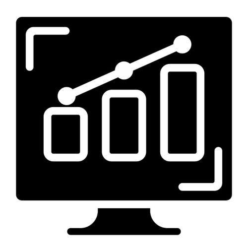 Computer screen showing a bar chart with three bars and a line graph trending upward.