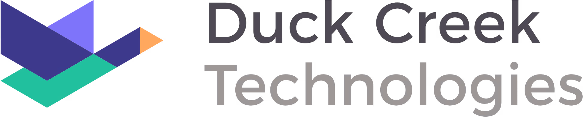 Duck Creek Technologies logo with geometric bird shape in purple, green, and orange.