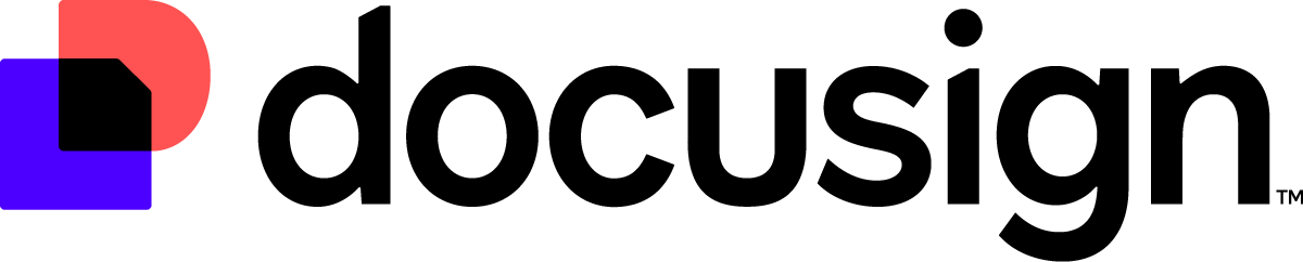 DocuSign logo with stylized black text and red and blue overlapping shapes on the left.