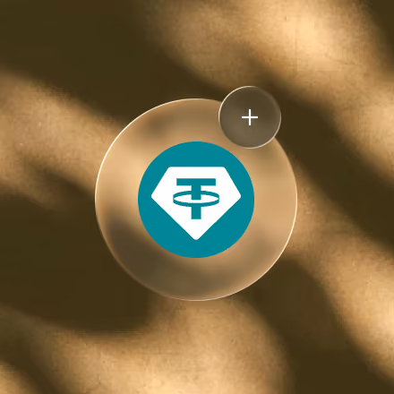 Green circle with Tether (USDT) symbol and a plus sign above, labeled Top Up on black background.