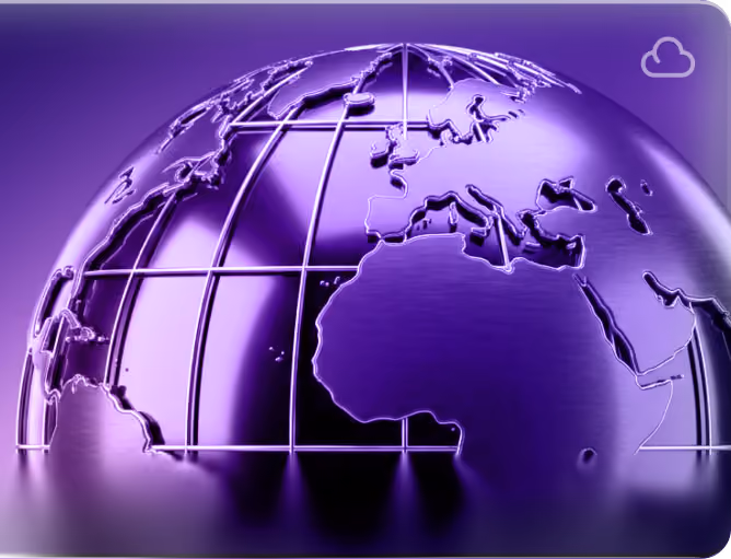 Shiny purple translucent globe showing Europe, Africa, and parts of Asia and South America.