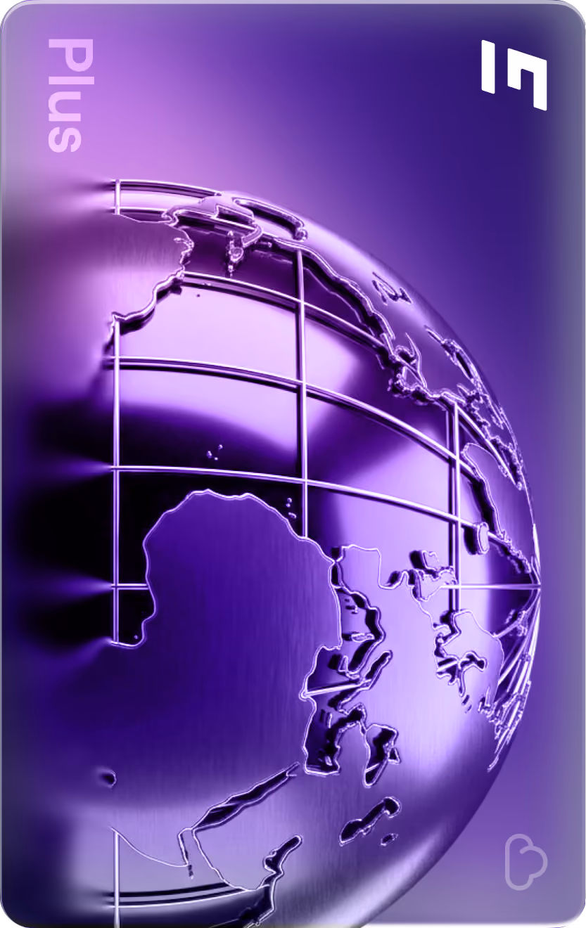 Purple metallic globe with map outlines and grid lines, with the word Plus on left side.