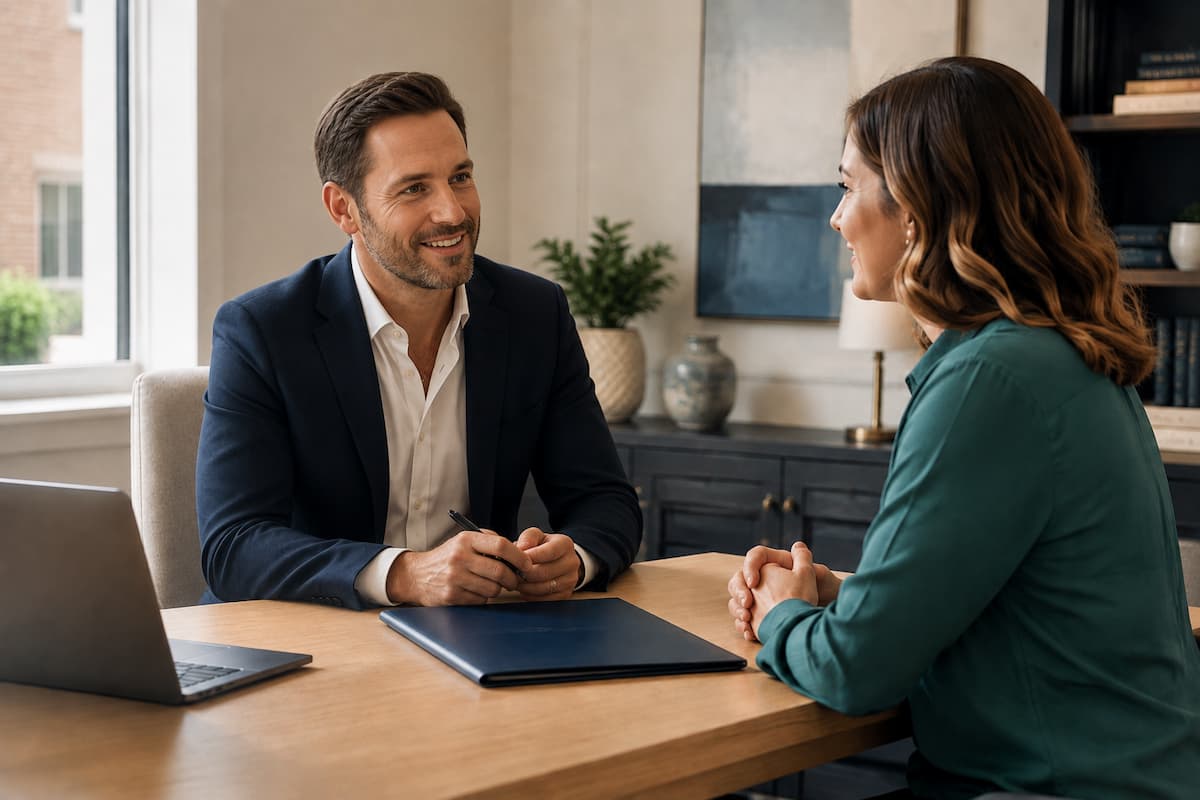 A smiling male professional in a suit sitting at a wooden desk, consulting with a female client in a modern office.