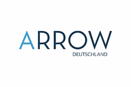 ARROW Deutschland Logo mit blauem und grauem Schriftzug auf weißem Hintergrund.
