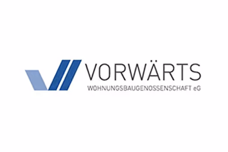 Logo der Wohnungsbaugenossenschaft Vorwärts mit blauem stilisiertem Pfeil und Unternehmensname in schwarzen Buchstaben.
