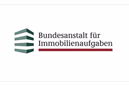 Logo der Bundesanstalt für Immobilienaufgaben mit stilisiertem Gebäude und Text in Schwarz und Rot.