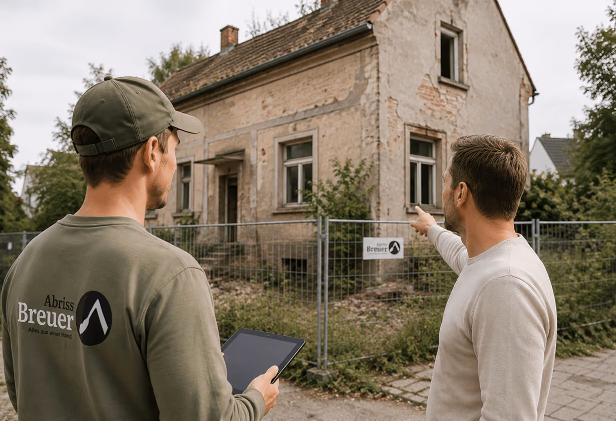 Zwei Männer begutachten ein altes, renovierungsbedürftiges Haus hinter einem Bauzaun mit Bauschild.