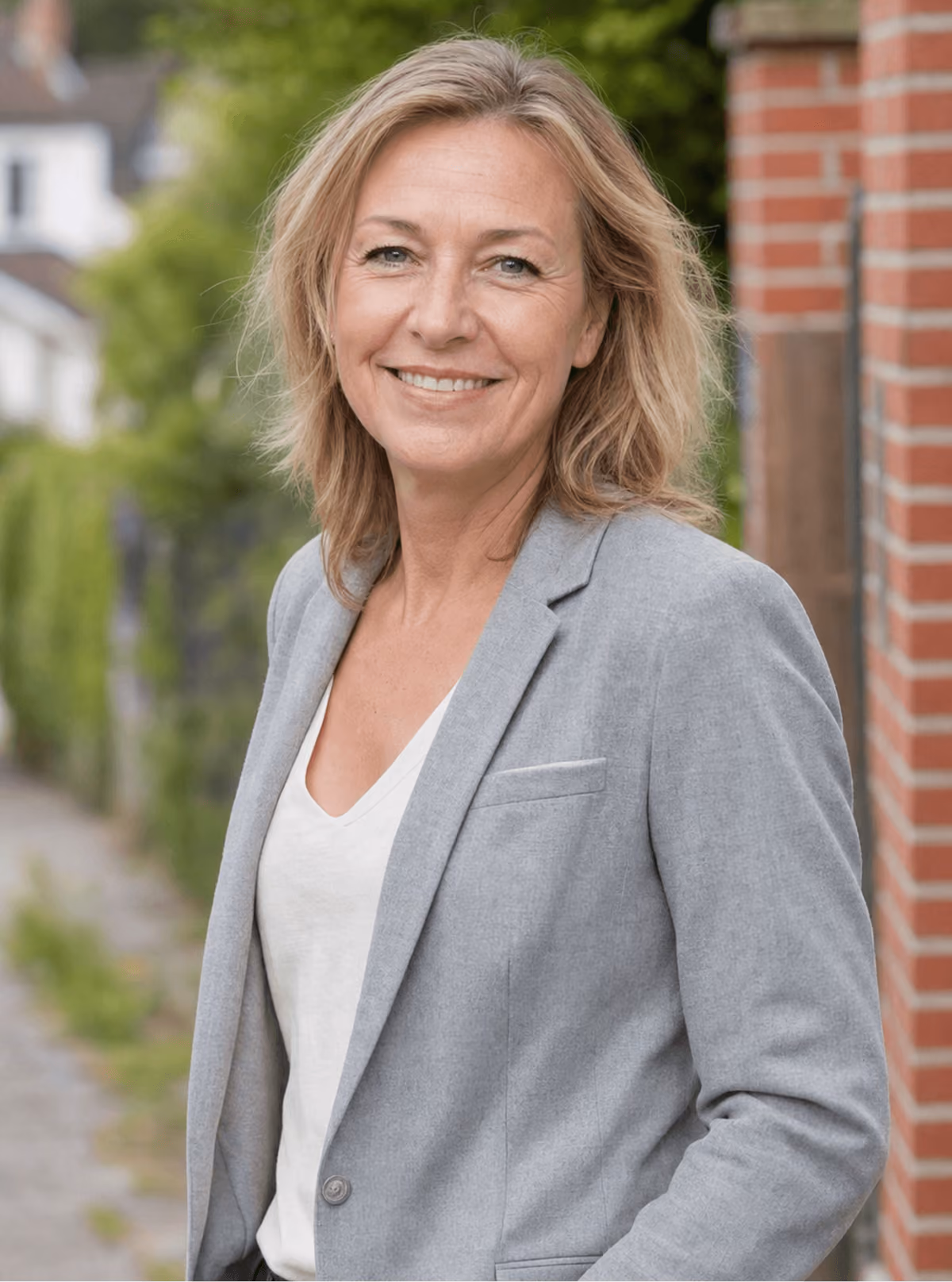 Lächelnde Frau in grauem Blazer im Freien; grüner Hintergrund mit Backsteinmauer.