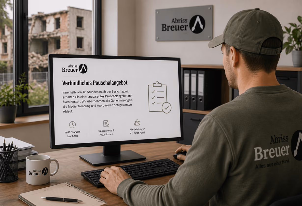 Mann arbeitet am Schreibtisch, betrachtet Computerbildschirm mit Pauschalangebot von "Abriss Breuer". Büro im Hintergrund.
