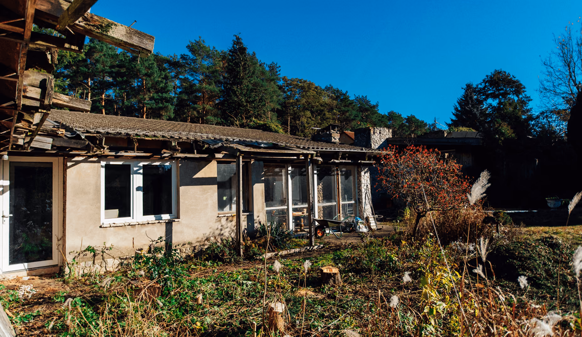 Flaches Bauernhaus mit Glasveranda, umgeben von wildem Garten, strahlend blauer Himmel im Hintergrund.