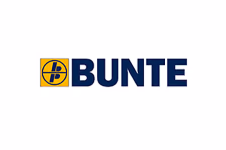 BUNTE-Logo, dunkelblaue Schrift auf weißem Hintergrund, gelbes Quadrat mit stilisiertem "bp" links.