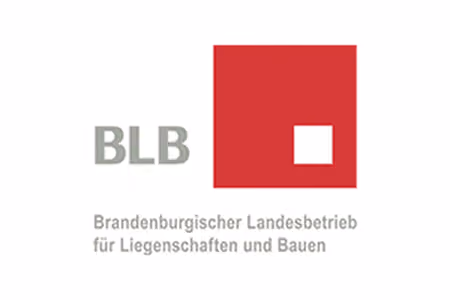 BLB-Logo mit grauem Text und rotem Quadrat, steht für Brandenburgischer Landesbetrieb für Liegenschaften und Bauen.