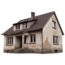 Altes, zweistöckiges Haus mit abblätternder Fassade und grauem Satteldach.