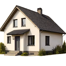 Einfamilienhaus mit grauem Schrägdach, zwei Fenstern, Eingangstür und kleinen Büschen vorne.