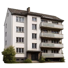 Mehrfamilienhaus mit weißen Fassaden, drei Balkons, vier Etagen, Satteldach, umgeben von grünen Büschen.