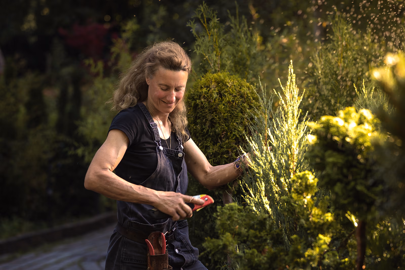 Eine lächelnde Frau mit lockigem Haar in dunkelblauer Arbeitskleidung schneidet mit einer Gartenschere einen buschigen Strauch in einem sonnendurchfluteten Garten.