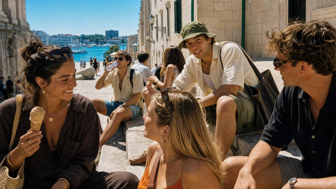 Group of young travellers relaxing with ice cream on stone steps overlooking a sunlit Mediterranean harbour.