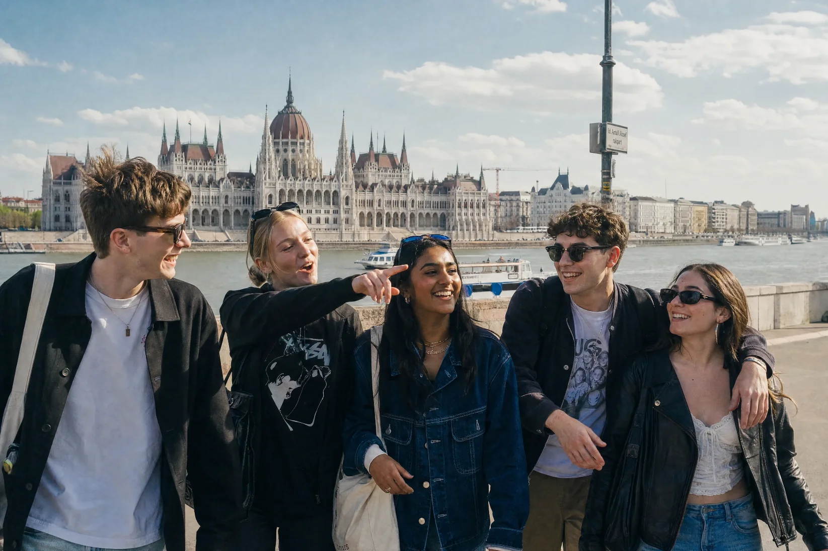 Group of young travellers laughing together on the Danube riverside with Hungarian Parliament in Budapest behind.